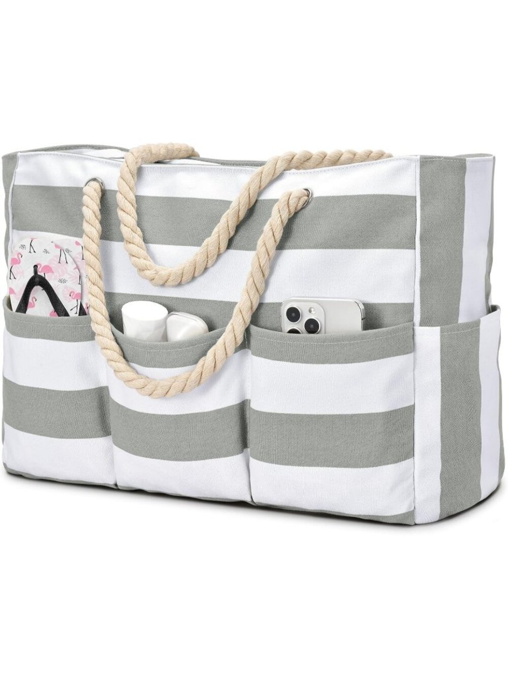 Women's Light Grey Large Canva Beach Tote Waterproof Sandproof Foldable Bag